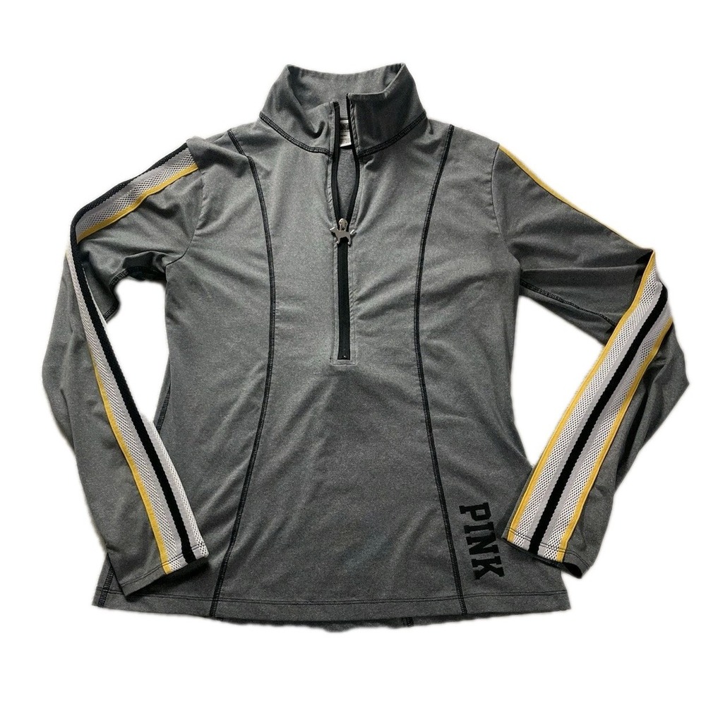 Victoria's Secret PINK Deep Zip Ultimate Pullover SZ Med Gray Blk/Yellow Striped